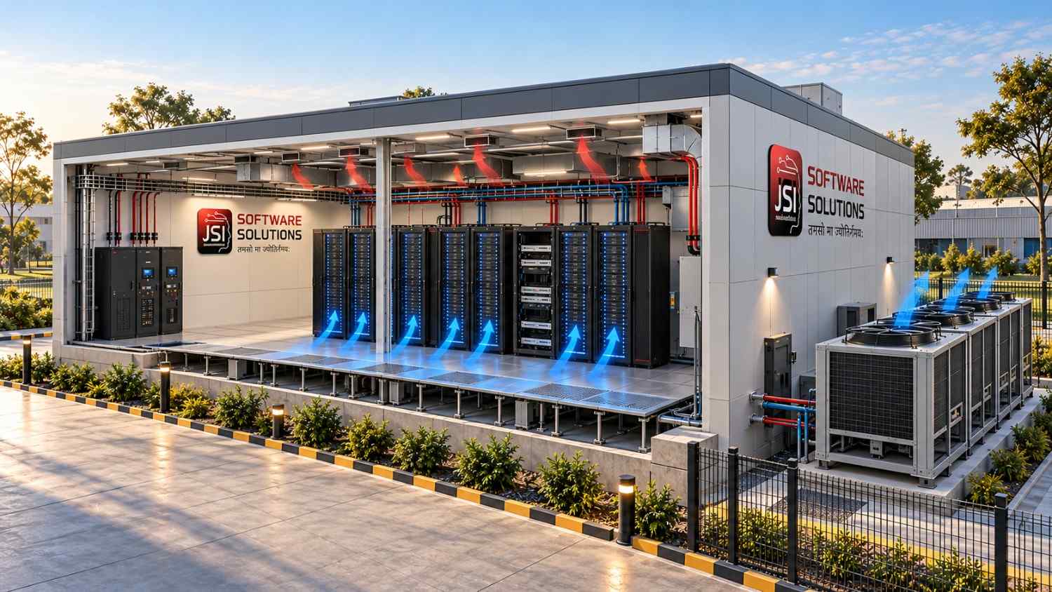 Conceptual cutaway of JSI's data-centre hall with compute racks and engineered cooling.